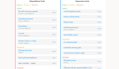 Side-by-side heightened anxiety and calm state tools lists